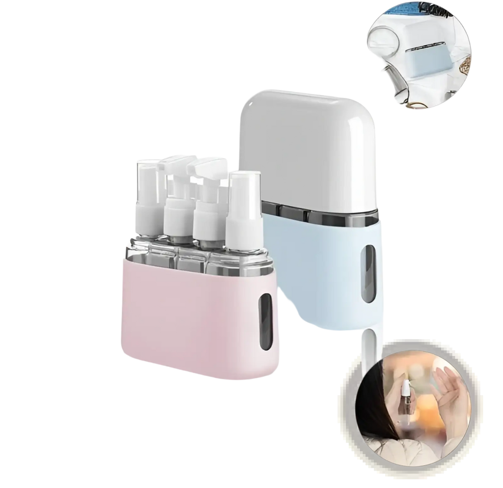Travel bottle set 8 pack tsa approved toiletry kit with pink and light blue spray bottle organizer and clear glass bottles