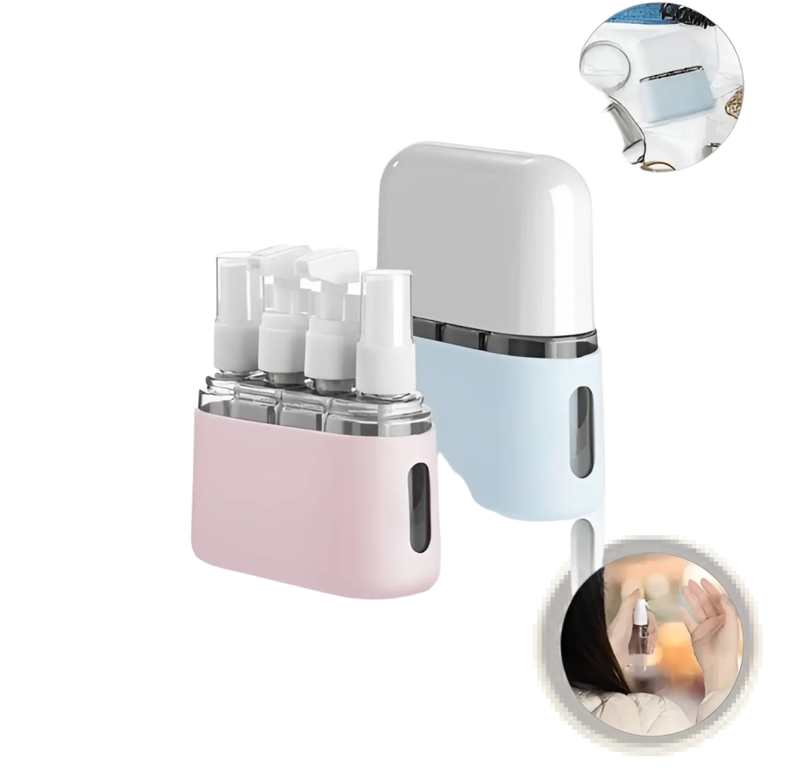 Travel bottle set 8 pack tsa approved toiletry kit with pink and light blue spray bottle organizer and clear glass bottles