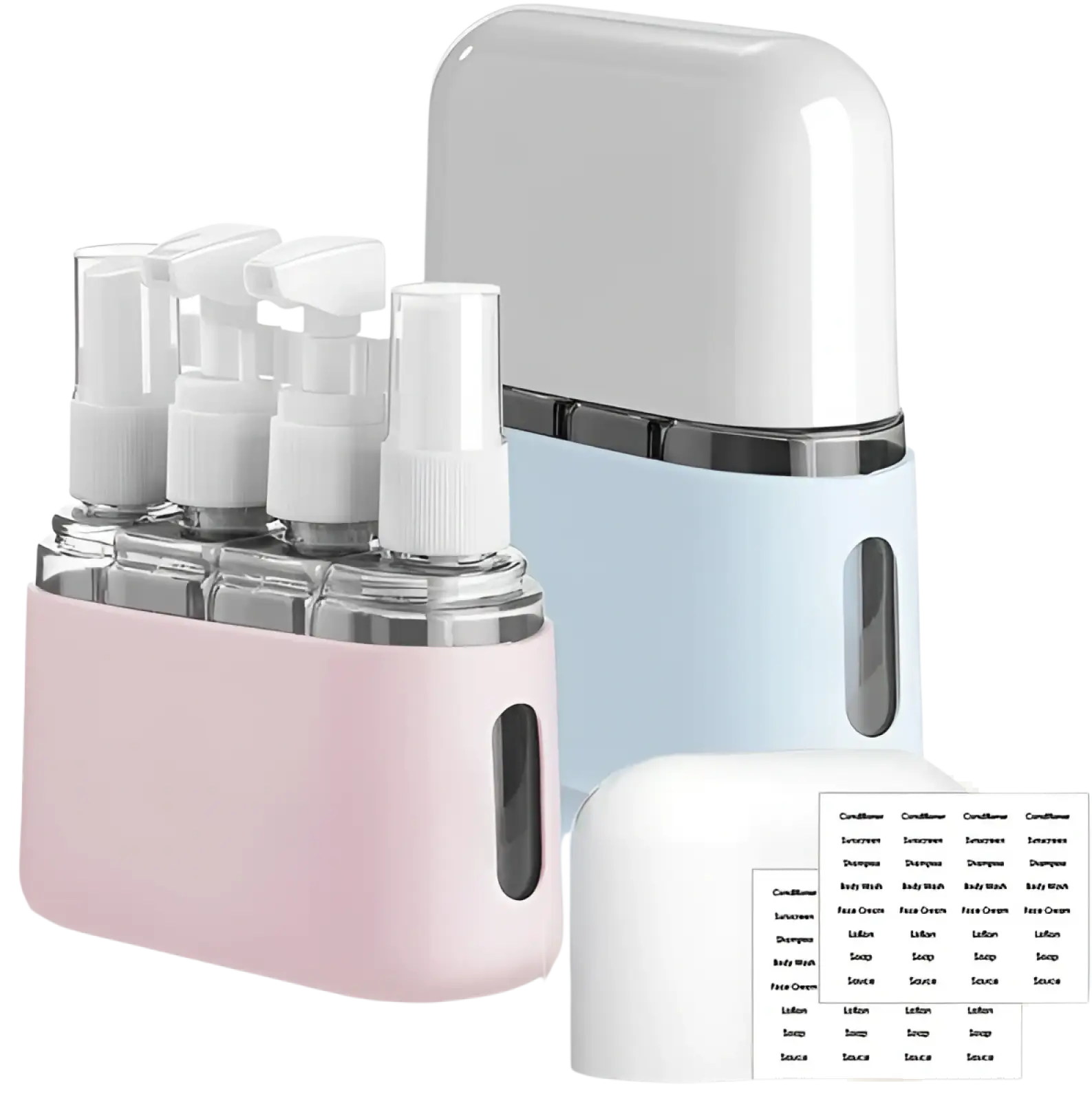 Travel bottle set 8 pack tsa approved toiletry kit with pink and light blue spray bottle organizers clear pump tops silver accents