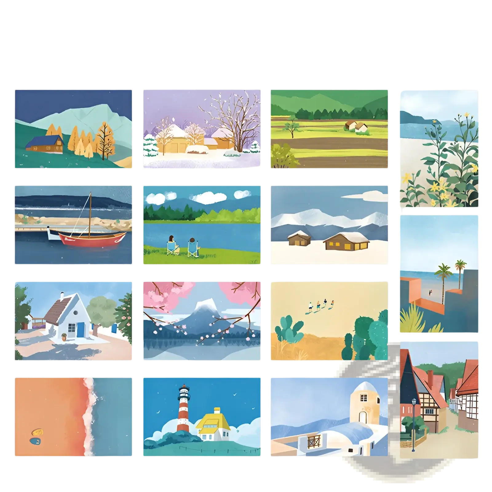 Set of twelve vibrant watercolor scenic postcards featuring charming architectural details for travel diary wall decor