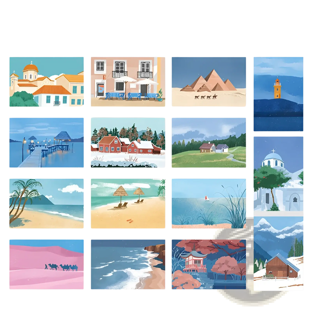 A set of twelve winter travel postcards featuring soft watercolor landscapes and landmarks for wall decor and journaling
