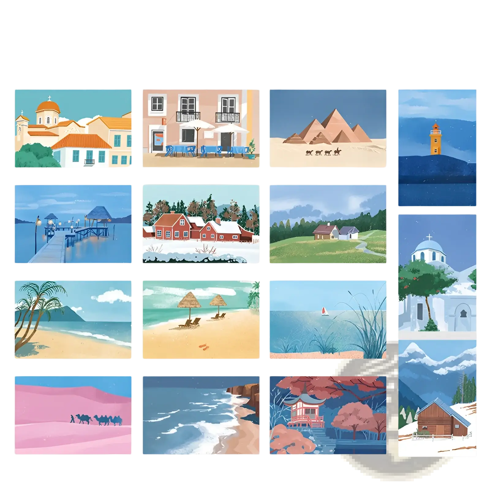 A set of twelve winter travel postcards featuring soft watercolor landscapes and landmarks for wall decor and journaling