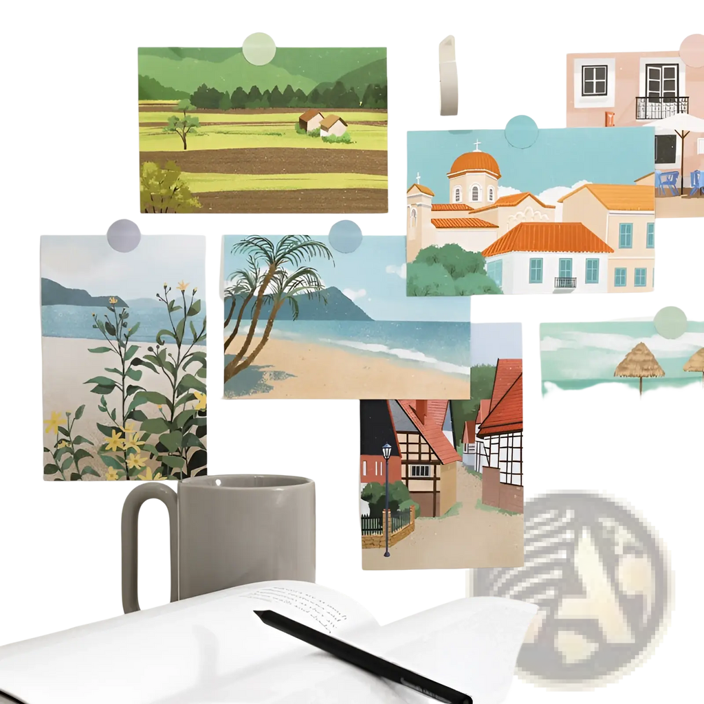 Gray ceramic mug with smooth glossy finish and curved handle featured with travel diary winter postcards wall decor 15 pack