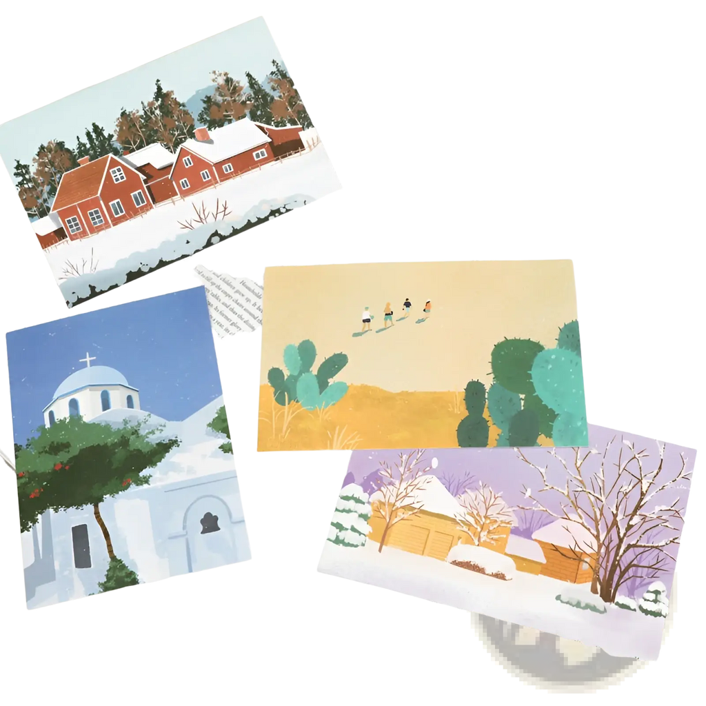 Set of four illustrated winter-themed travel diary postcards featuring cozy snow-covered houses and snowy cacti scenes
