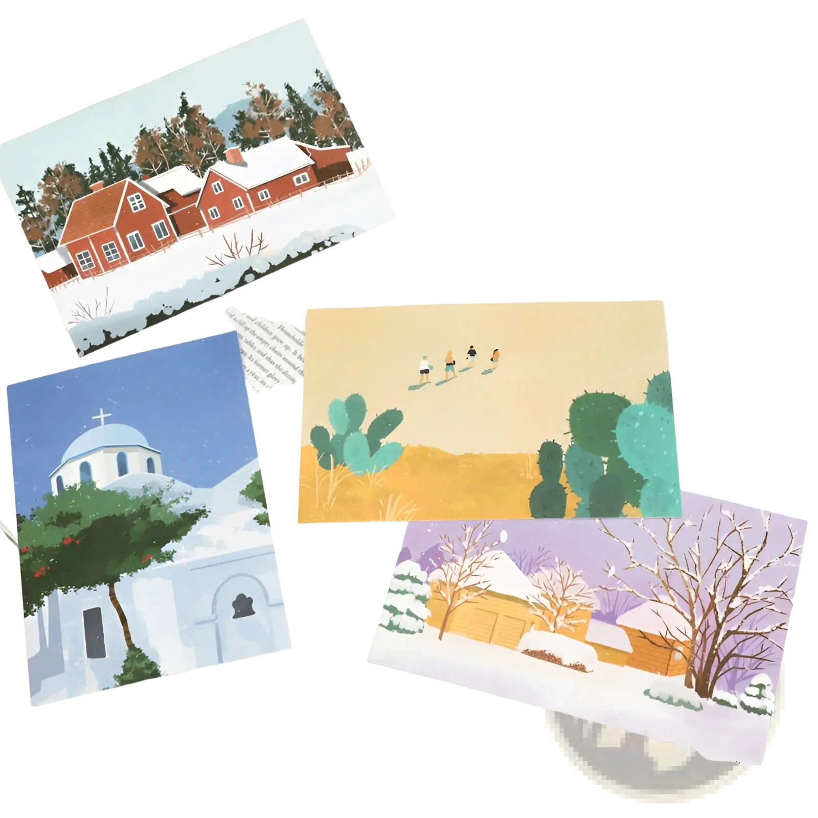Set of four illustrated winter-themed travel diary postcards featuring cozy snow-covered houses and snowy cacti scenes