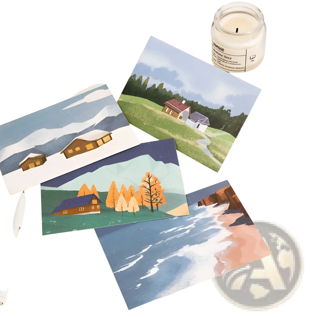 Set of five travel diary winter postcards featuring scenic snowy cabins autumn trees coastal cliffs and lighthouse designs