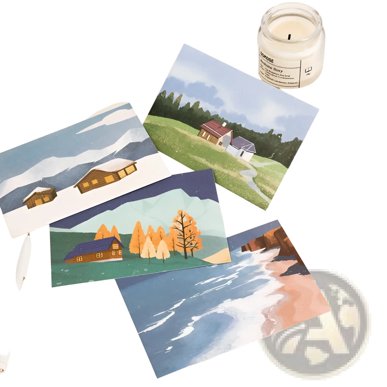 Set of five travel diary winter postcards featuring scenic snowy cabins autumn trees coastal cliffs and lighthouse designs