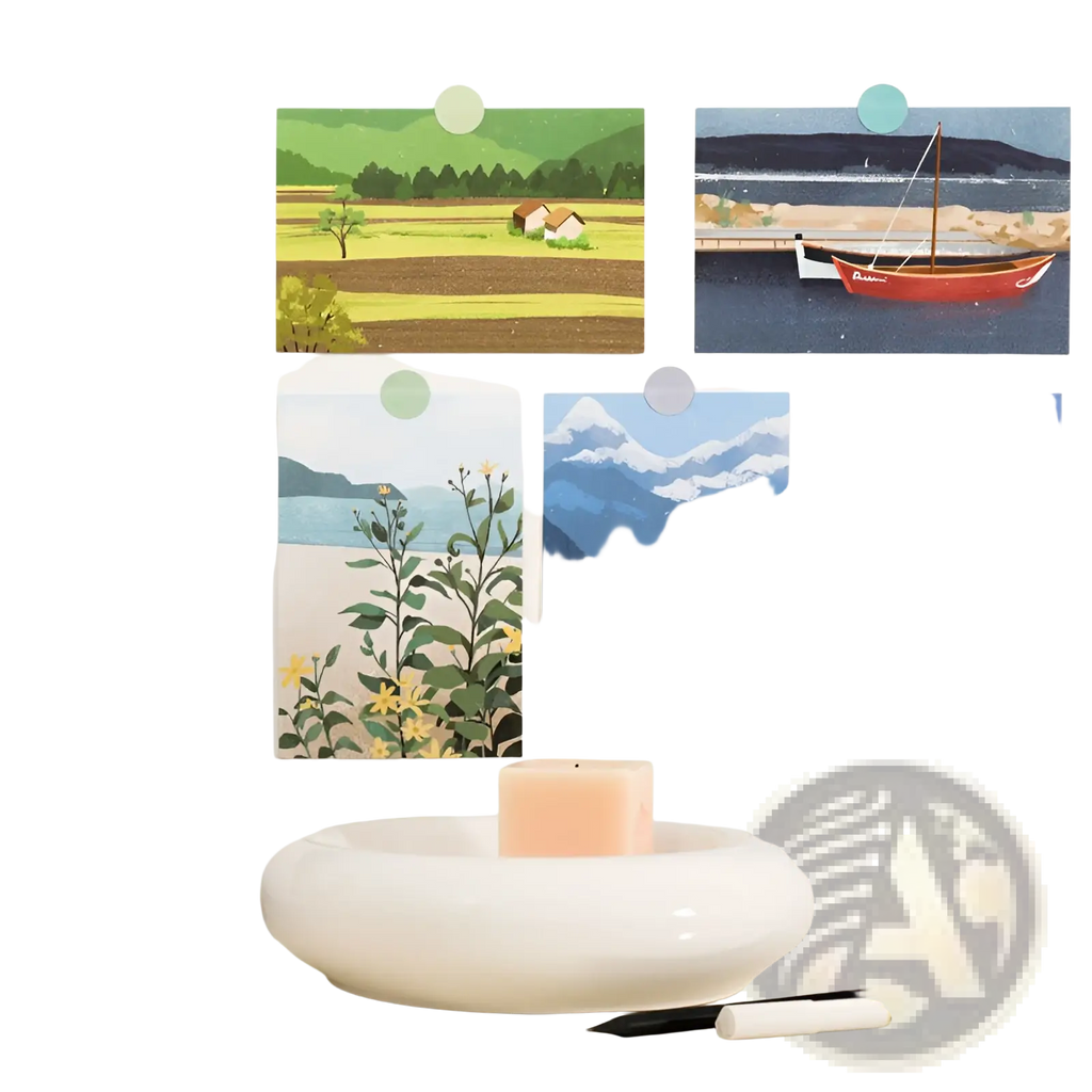 A white ceramic candle holder with a smooth rounded bowl shape featured in travel diary winter postcards wall decor 15 pack