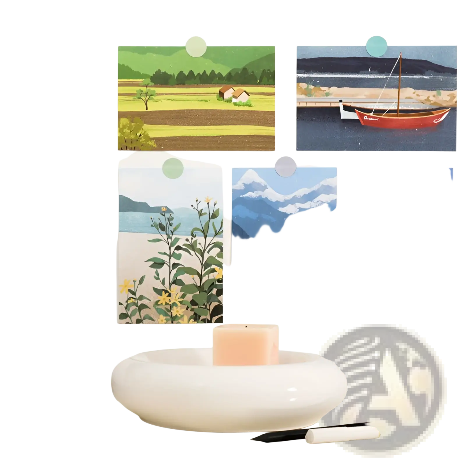 A white ceramic candle holder with a smooth rounded bowl shape featured in travel diary winter postcards wall decor 15 pack