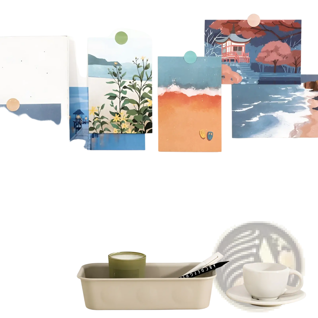 A white ceramic coffee cup with saucer beside a beige tray holding green container and pens in winter postcards decor pack
