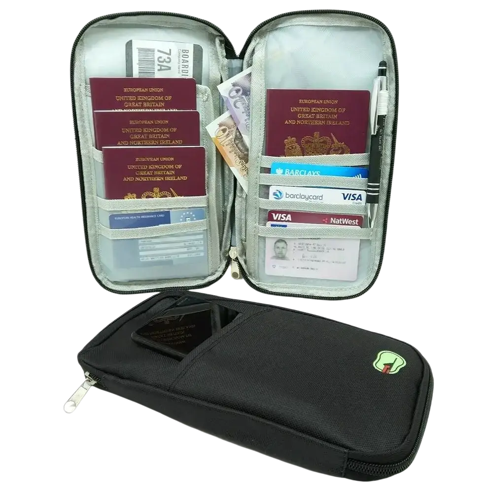 Black travel document organizer bag passport holder with zippered compartments and a small green logo on the front
