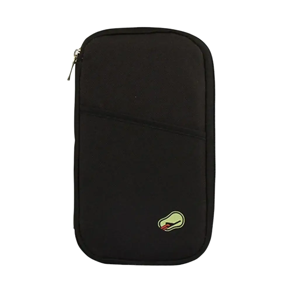 Black neoprene travel document organizer bag passport holder with a small embroidered green and red snake logo on the back