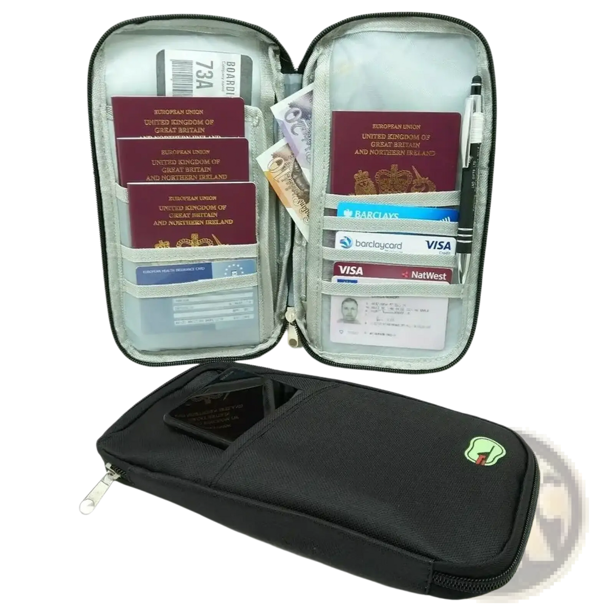 Black travel document organizer bag passport holder with zippered compartments and a small green logo on the front
