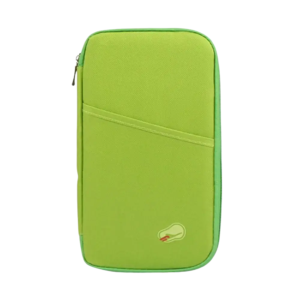 Bright lime green fabric travel document organizer bag passport holder with subtle embroidered peanut design near bottom