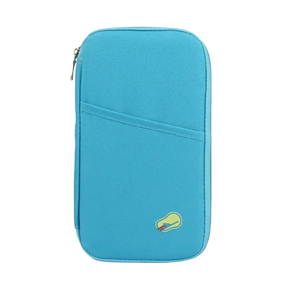 A bright turquoise fabric travel document organizer bag passport holder with zipper closure and embroidered logo