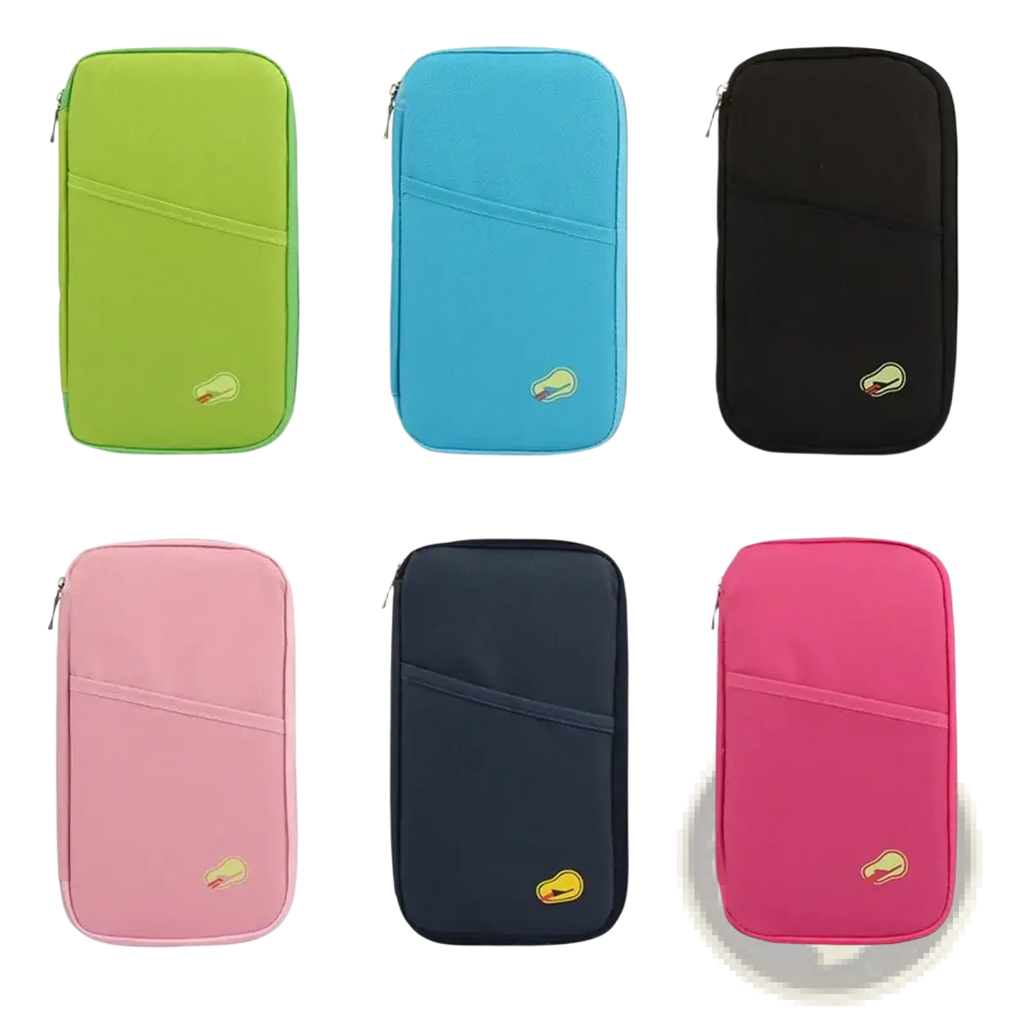 Travel document organizer bag passport holder in six vibrant colors with a subtle avocado logo embroidered front