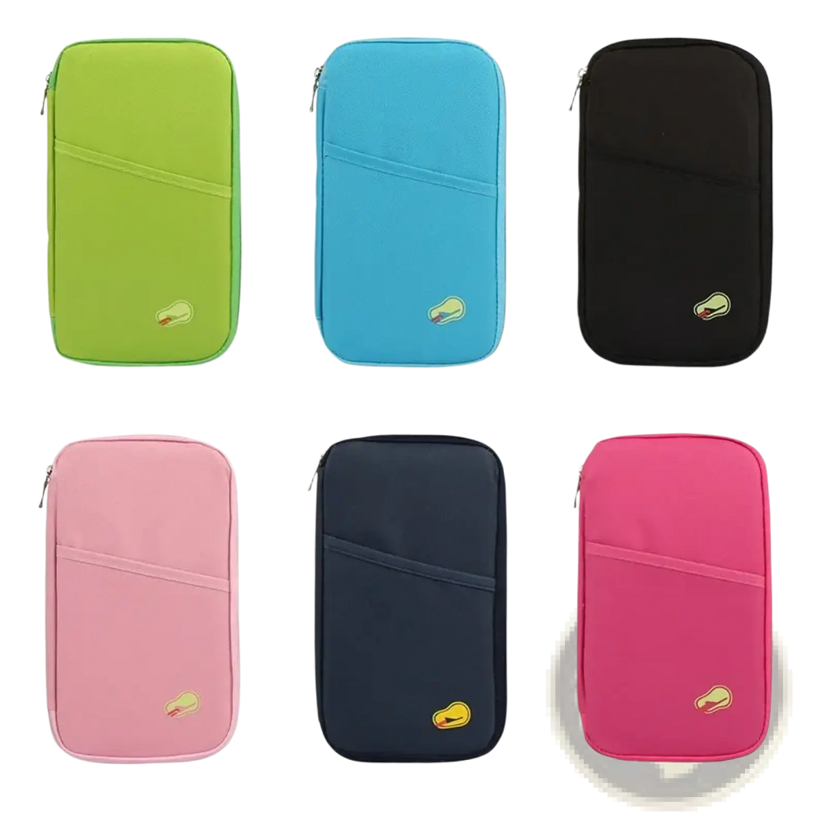 Travel document organizer bag passport holder in six vibrant colors with a subtle avocado logo embroidered front