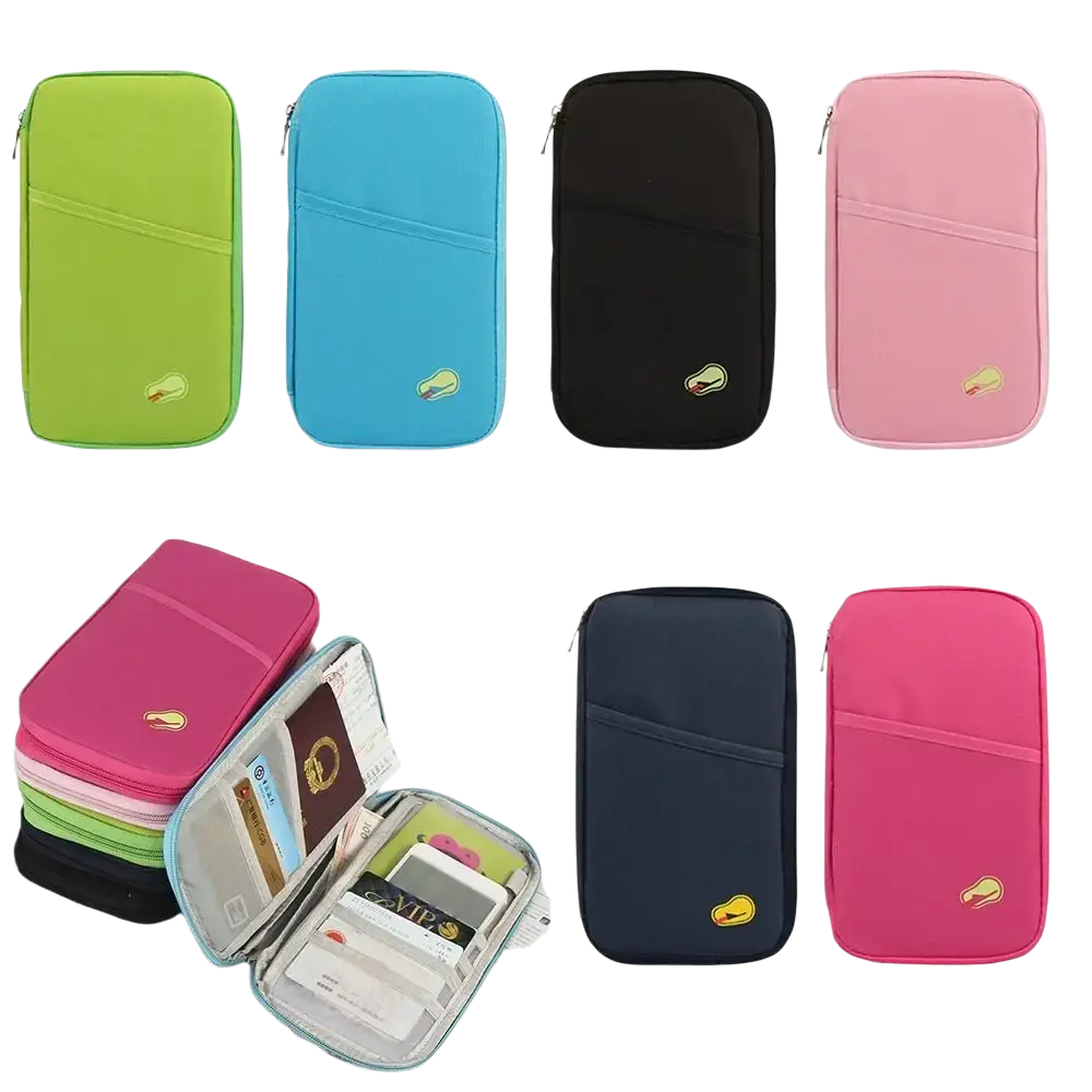 Travel document organizer bag passport holder in vibrant lime green, sky blue, black, pink, and navy with a small embroidered logo