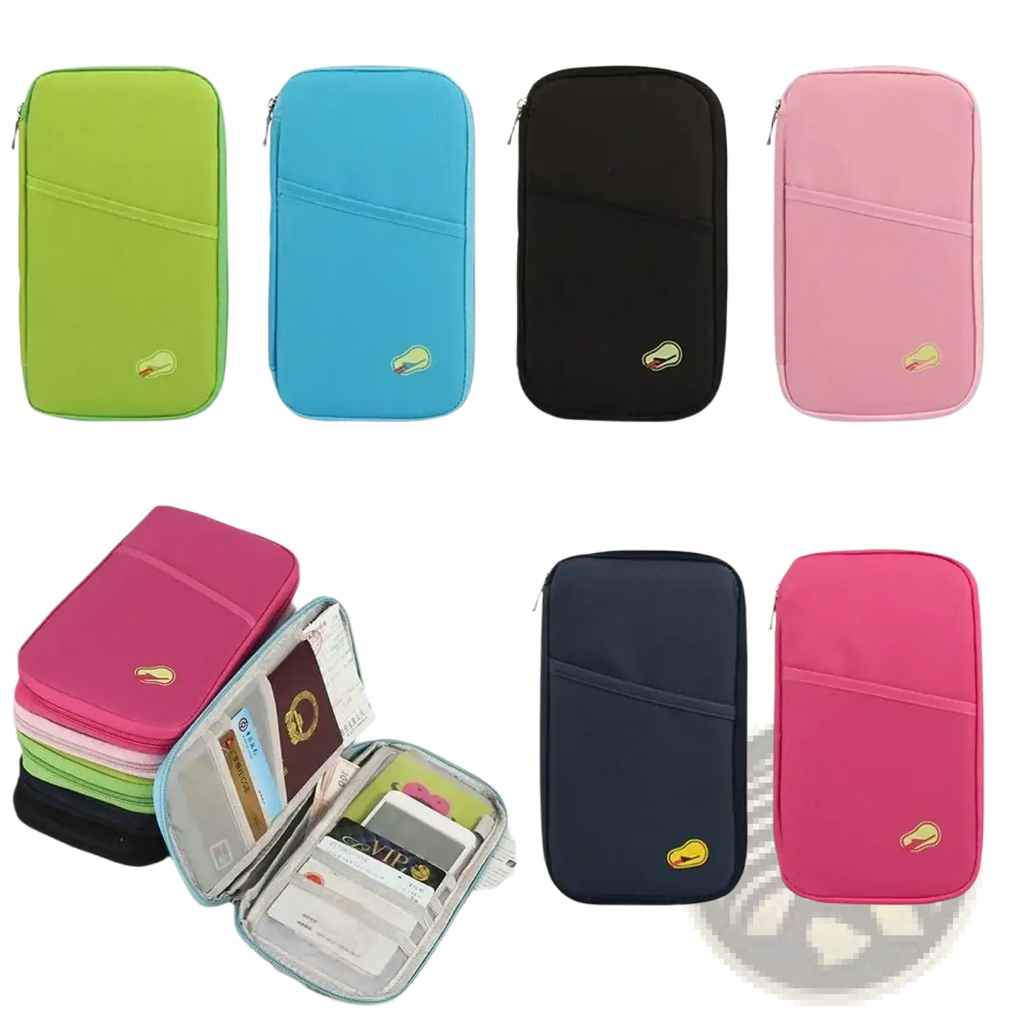 Travel document organizer bag passport holder in vibrant lime green, sky blue, black, pink, and navy with a small embroidered logo