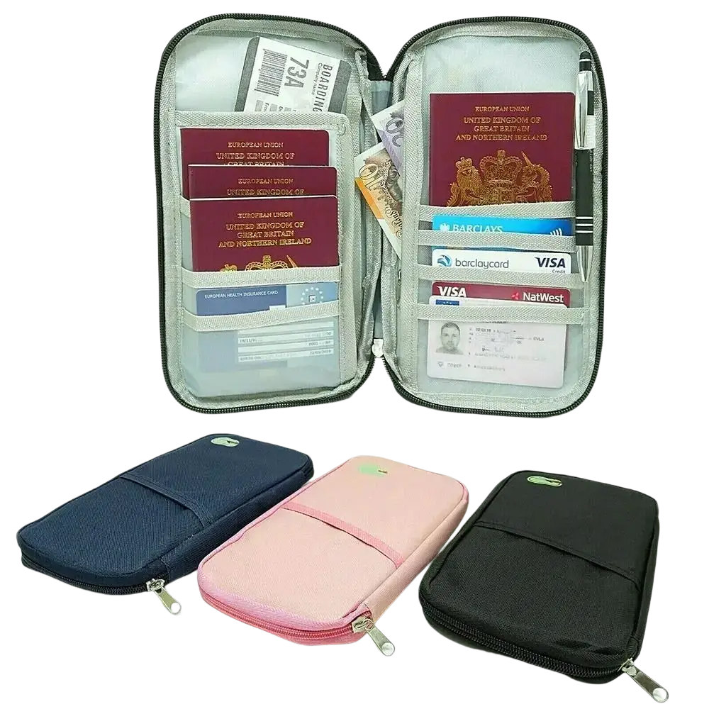 Gray zippered travel document organizer bag passport holder with multiple compartments for passports cards and cash