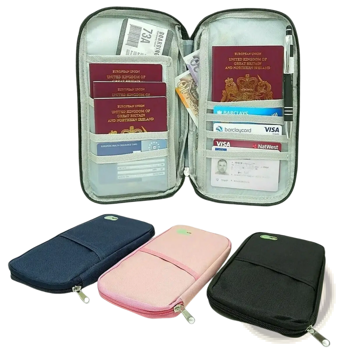 Gray zippered travel document organizer bag passport holder with multiple compartments for passports cards and cash