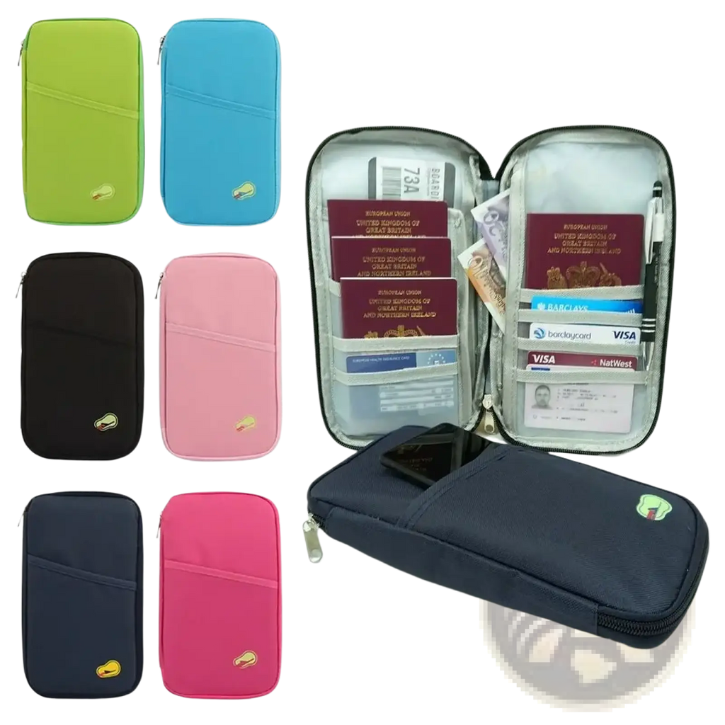 Navy blue zippered travel document organizer bag with multiple compartments for passports cards and phone use