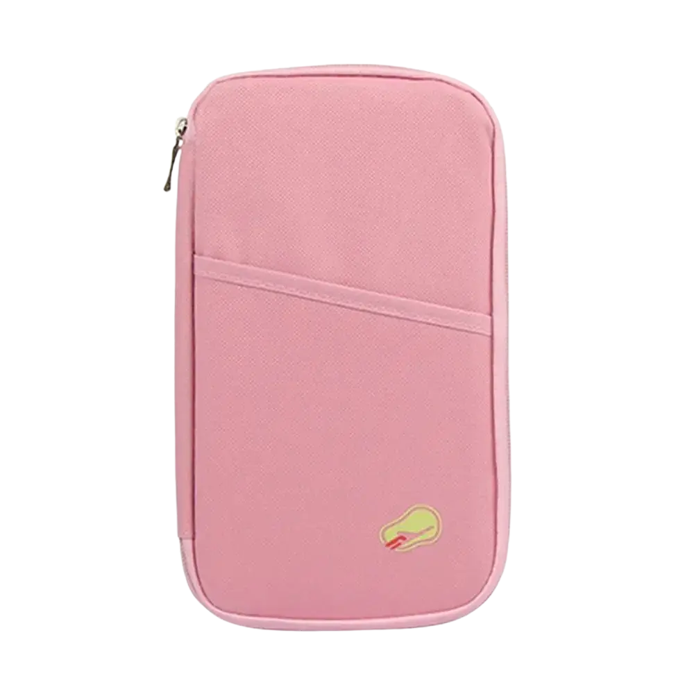 Pink fabric travel document organizer bag passport holder with zipper closure and small embroidered logo on lower right corner