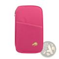A vibrant pink fabric travel document organizer bag passport holder with gold-toned zipper and embroidered logo