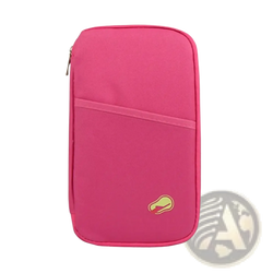 A vibrant pink fabric travel document organizer bag passport holder with gold-toned zipper and embroidered logo