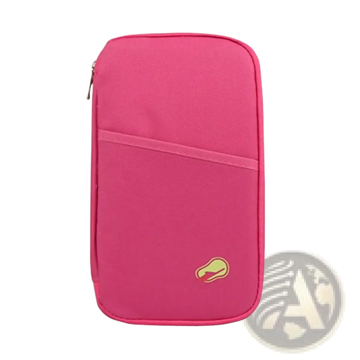 A vibrant pink fabric travel document organizer bag passport holder with gold-toned zipper and embroidered logo