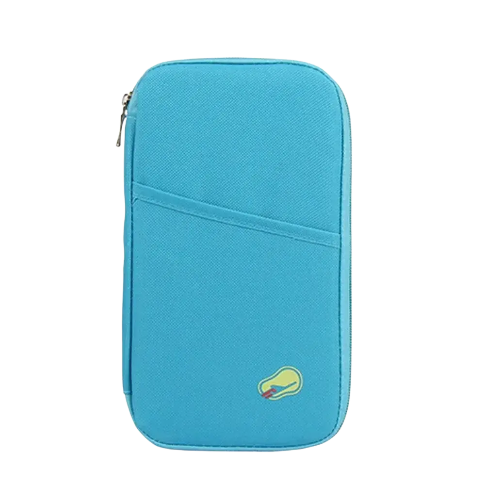 Turquoise fabric travel document organizer bag passport holder with zipper closure and embroidered design on front