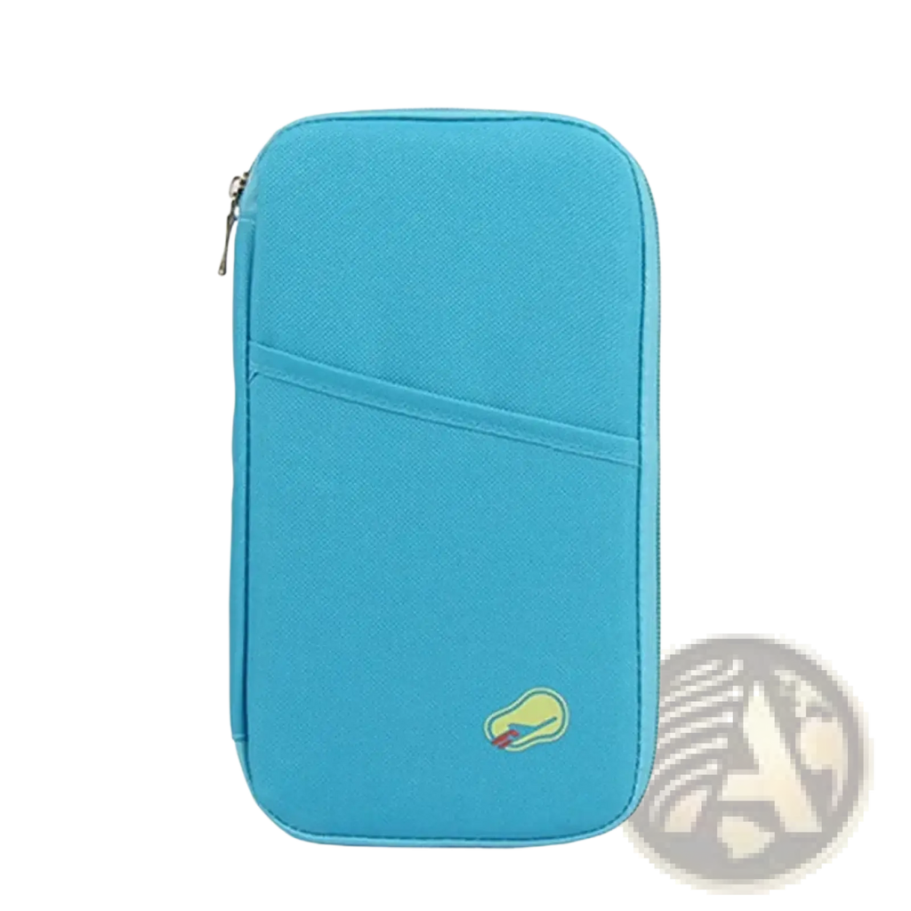 Turquoise fabric travel document organizer bag passport holder with zipper closure and embroidered design on front