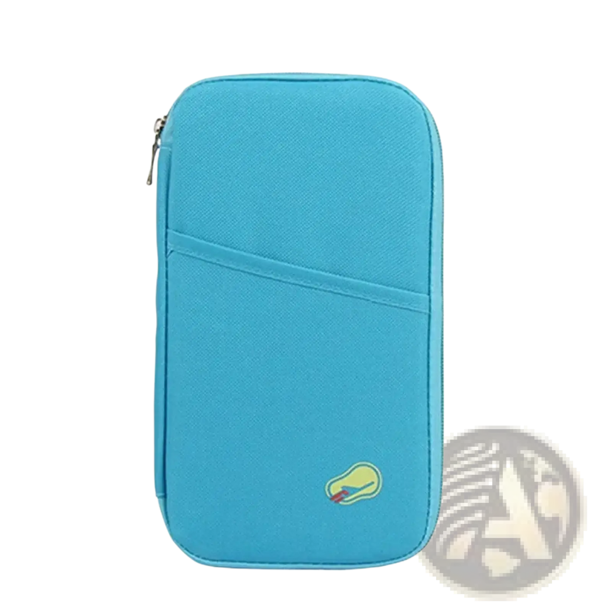 Turquoise fabric travel document organizer bag passport holder with zipper closure and embroidered design on front