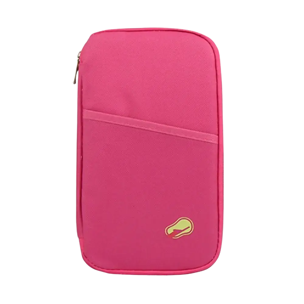A vibrant pink fabric travel document organizer bag passport holder with gold-toned zipper and embroidered logo
