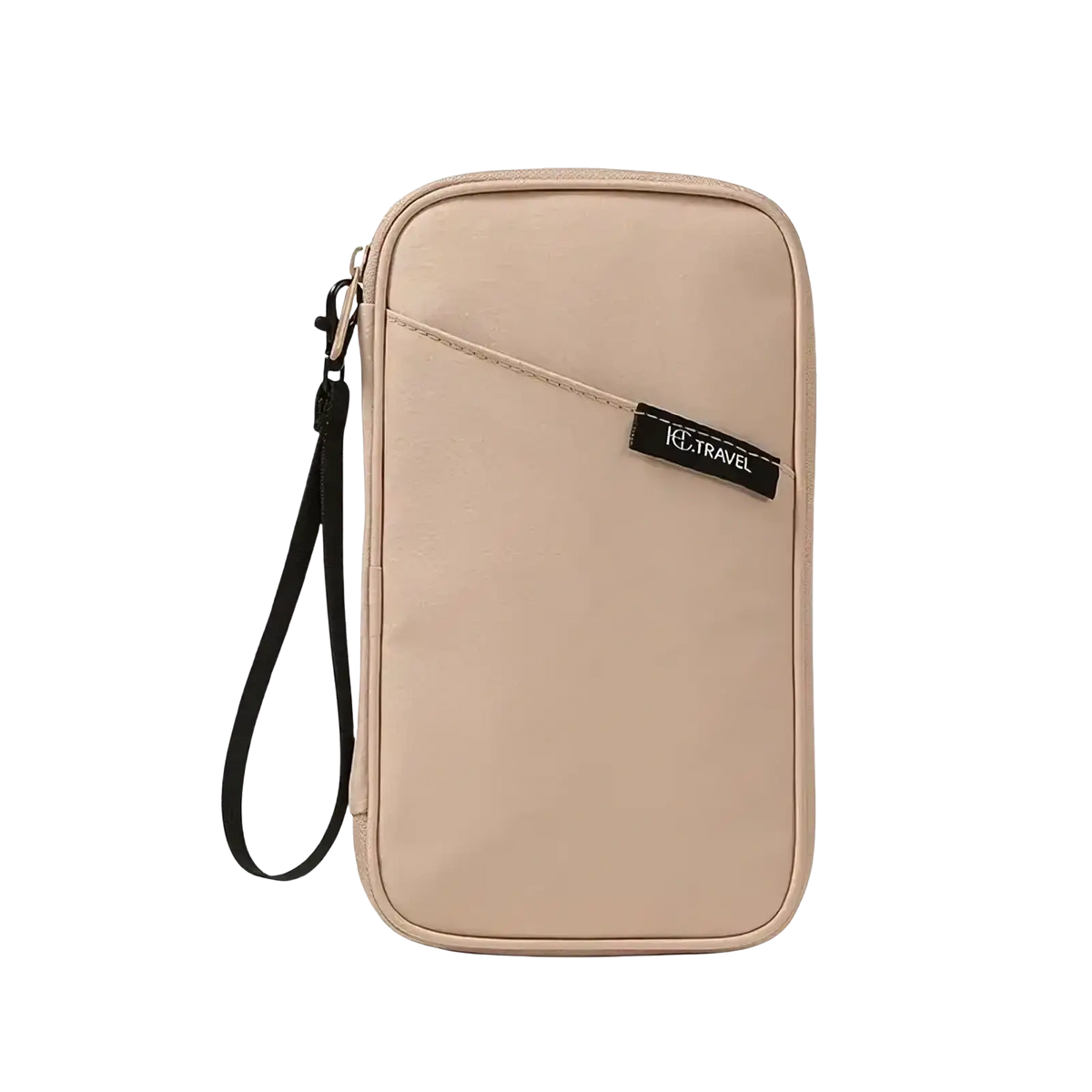 Beige k&f travel document organizer and family passport holder wristlet with black zipper pull and strap visible