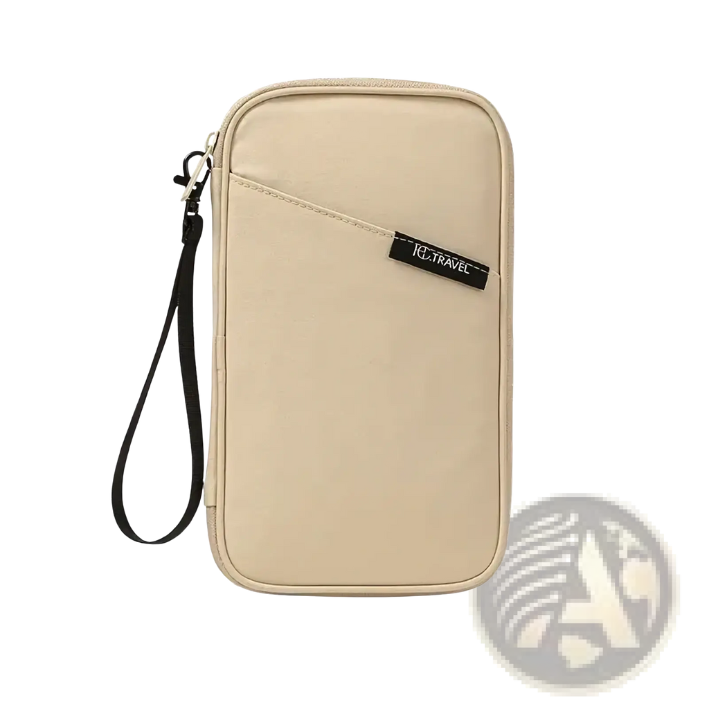 Beige rectangular travel document organizer with black wrist strap and zipper featuring jc travel label on front