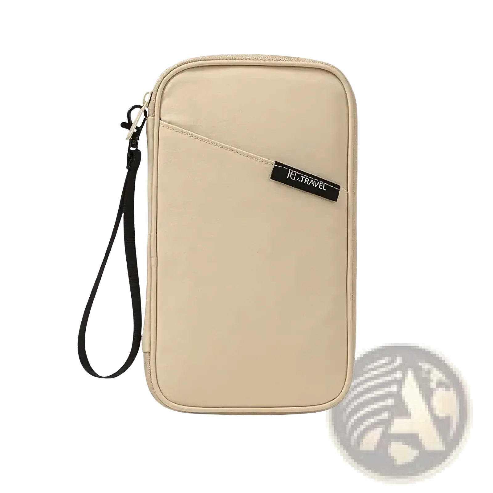 Beige rectangular travel document organizer with black wrist strap and zipper featuring jc travel label on front