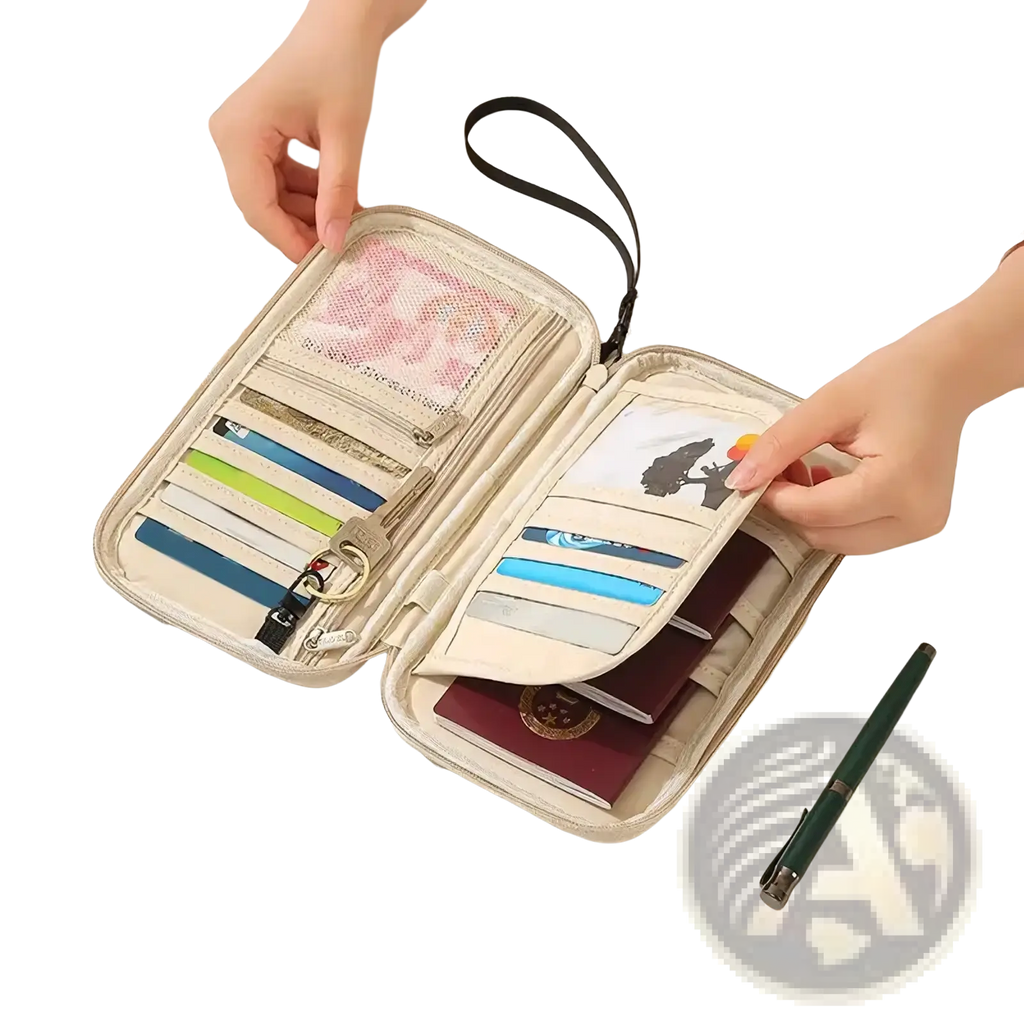 Beige travel document organizer with multiple card slots, passport compartment, and black wrist strap for family use