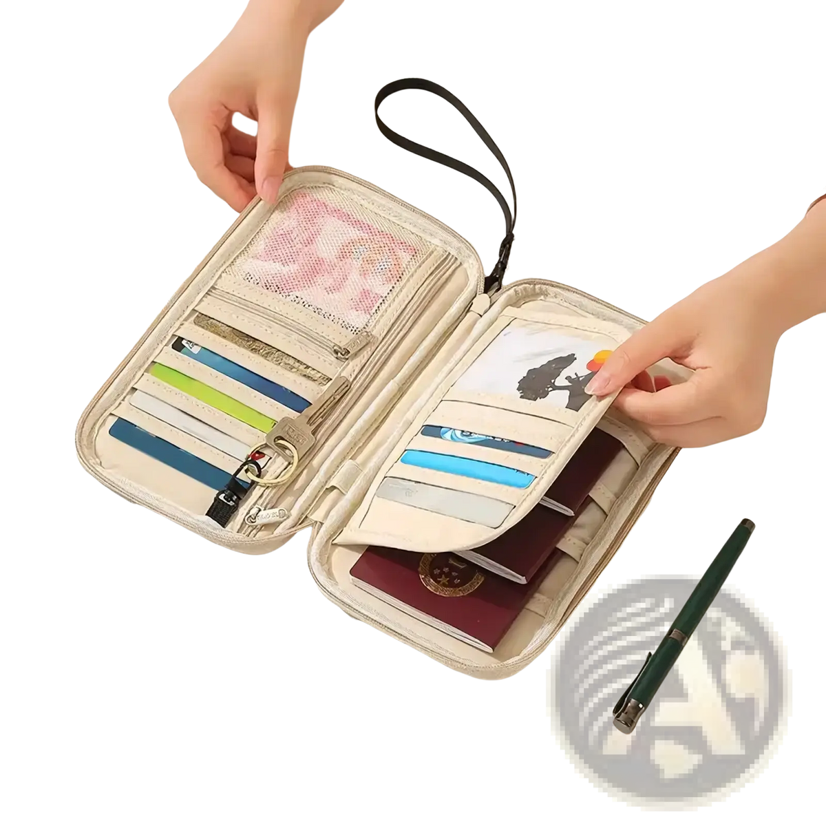 Beige travel document organizer with multiple card slots, passport compartment, and black wrist strap for family use