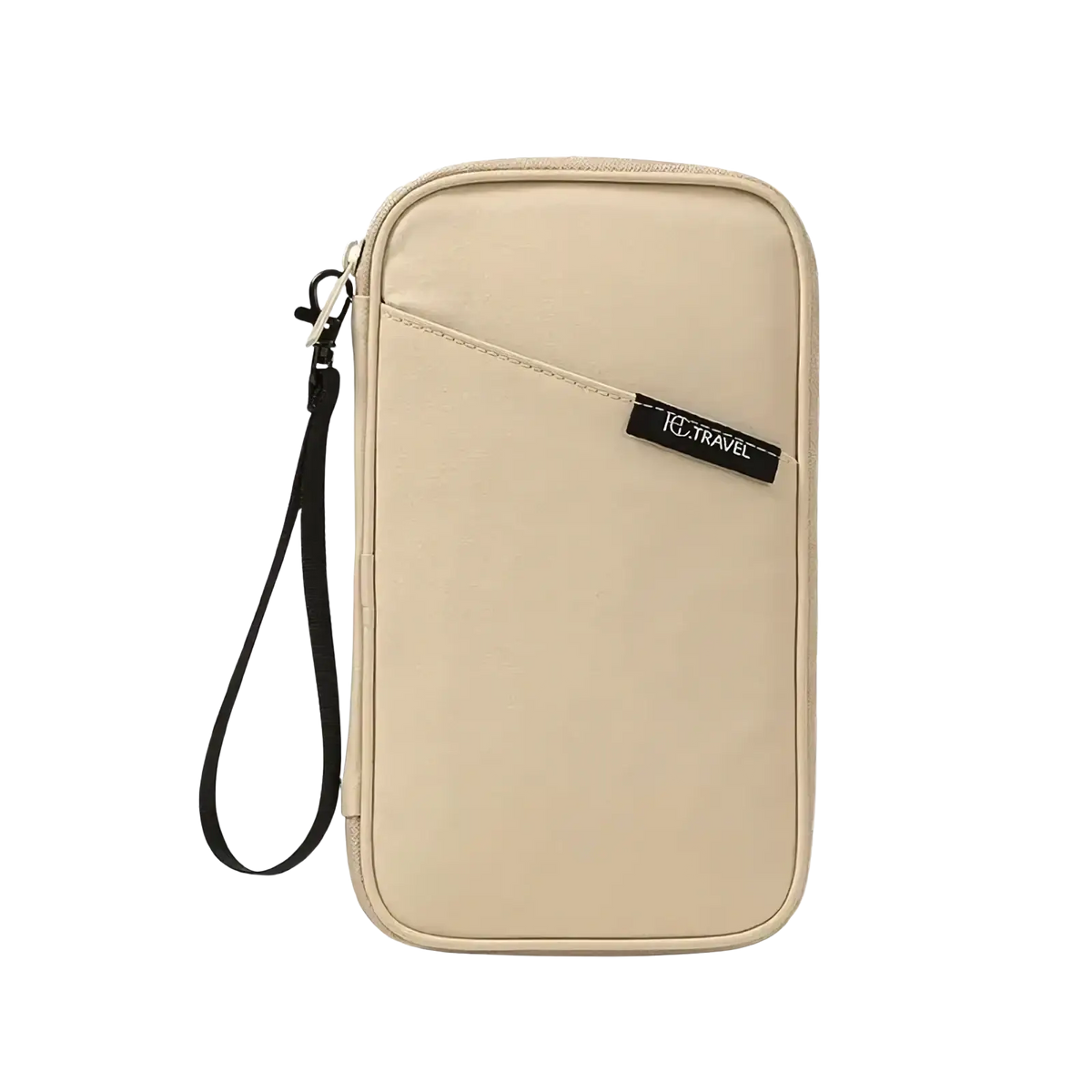 Beige travel document organizer with black wrist strap and zipper pull featuring klt travel label on front for family passports