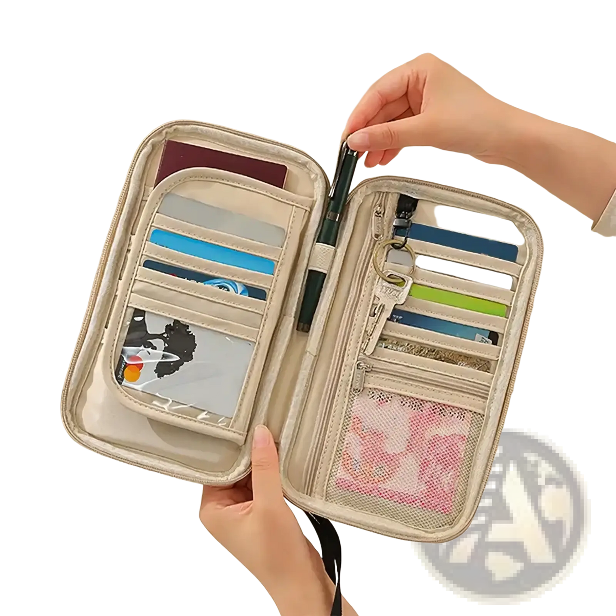 Beige zippered travel document organizer and family passport holder with multiple card slots and owl design id window