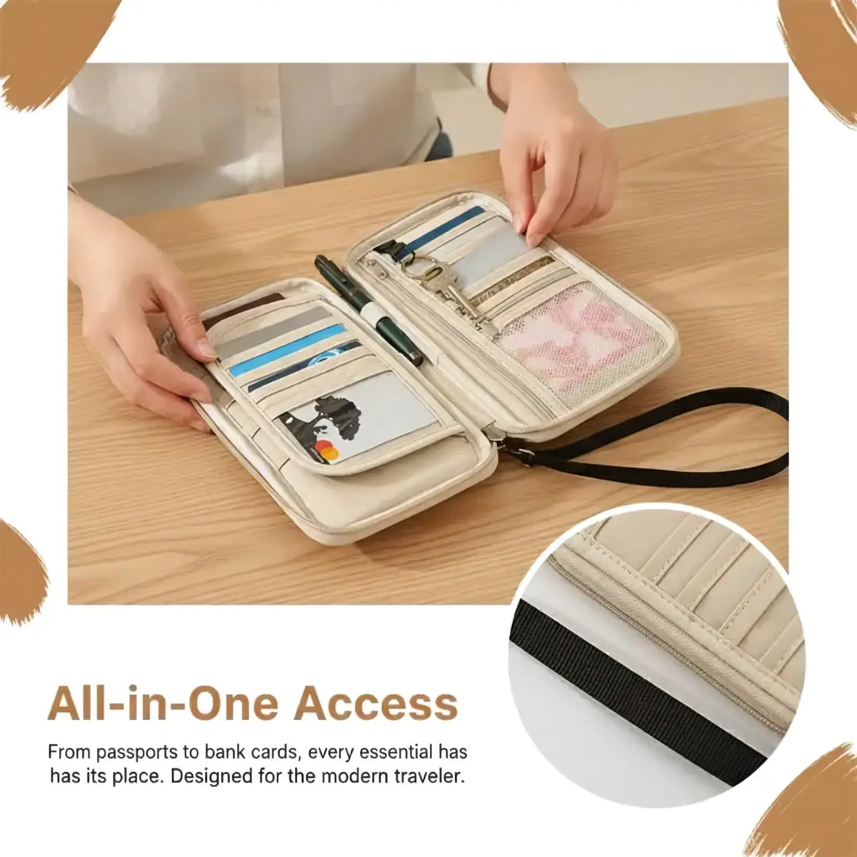 Beige zippered travel document organizer with multiple card slots mesh pocket and black wrist strap for passports and cash