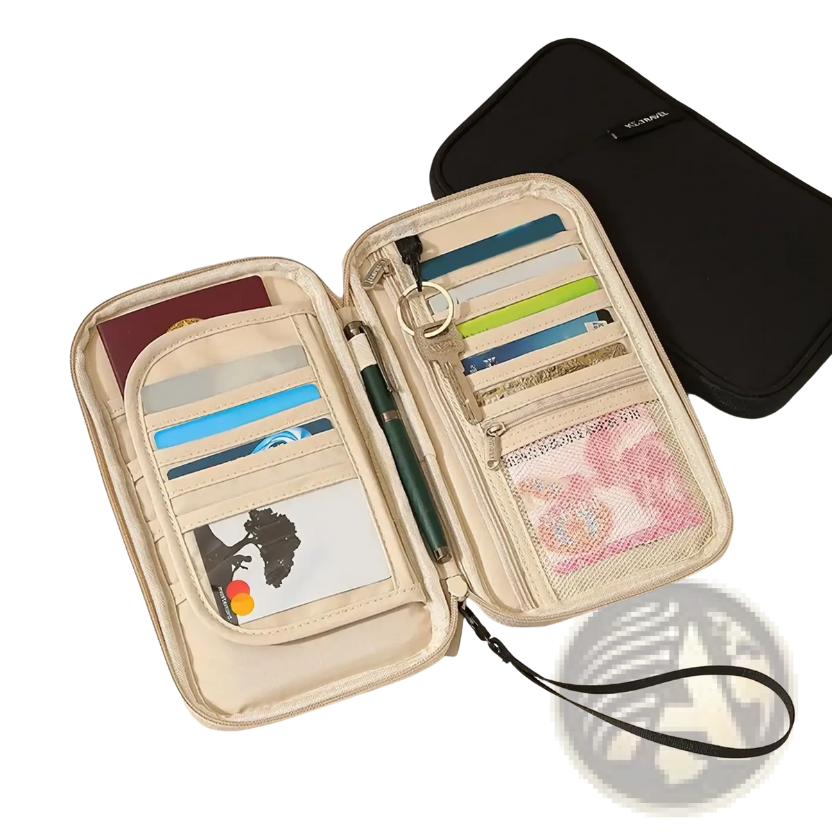 Beige zippered travel document organizer with multiple card slots mesh cash pocket and black wrist strap for family passports
