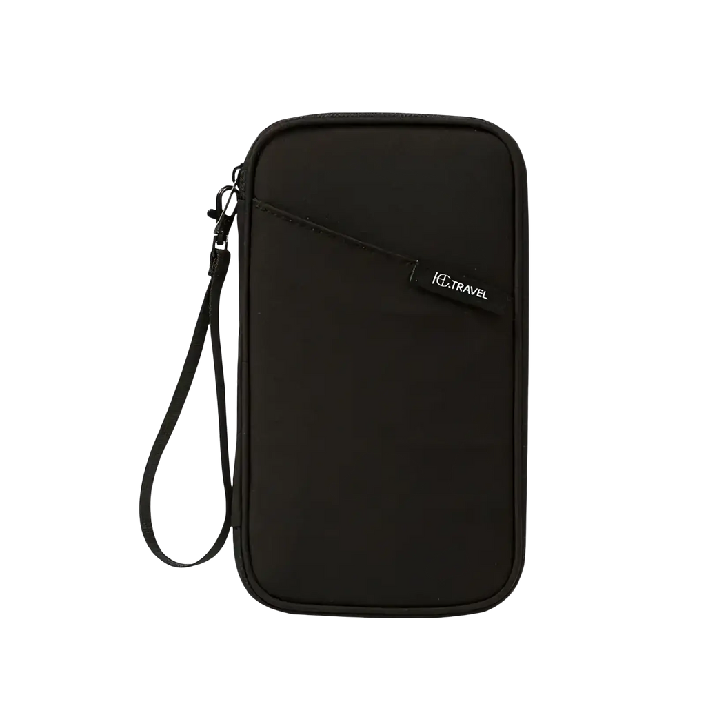 Black ice travel document organizer with wrist strap and zipper closure for family passport holding and travel use