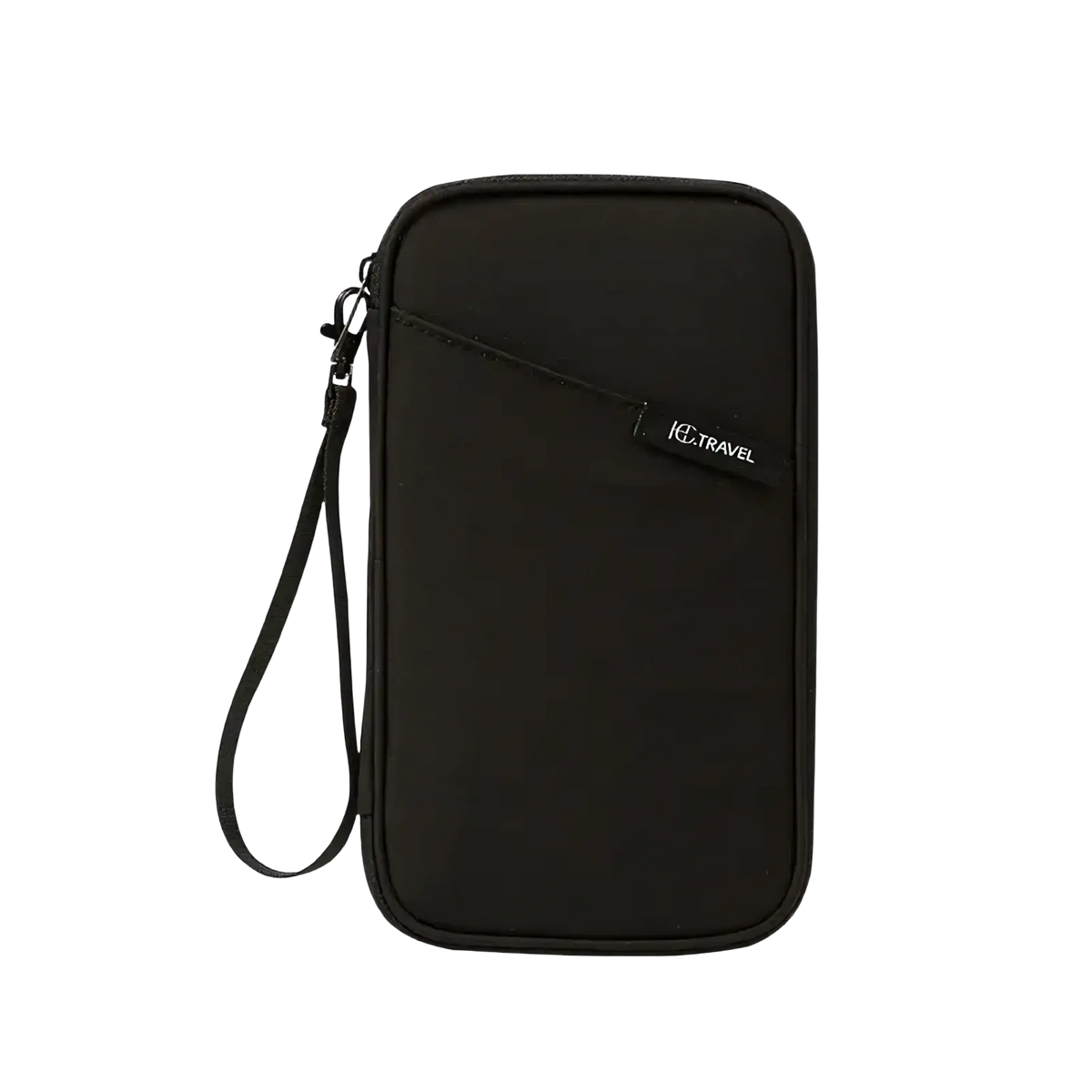 Black ice travel document organizer with wrist strap and zipper closure for family passport holding and travel use