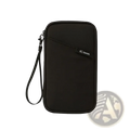 Black ice travel document organizer with wrist strap and zipper closure for family passport holding and travel use