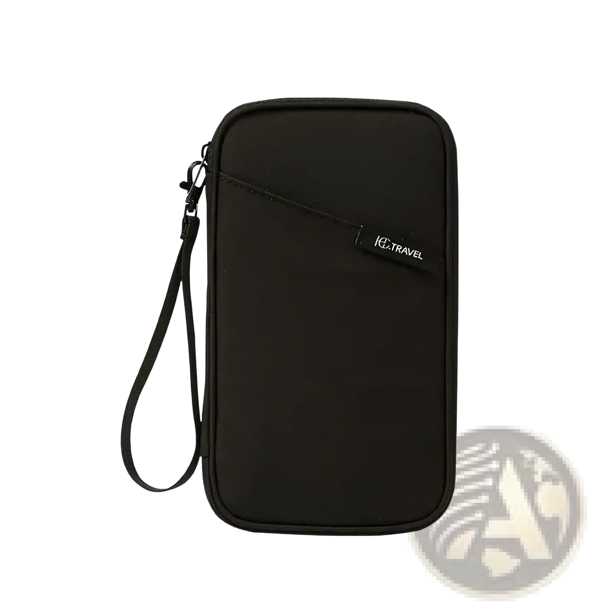 Black ice travel document organizer with wrist strap and zipper closure for family passport holding and travel use