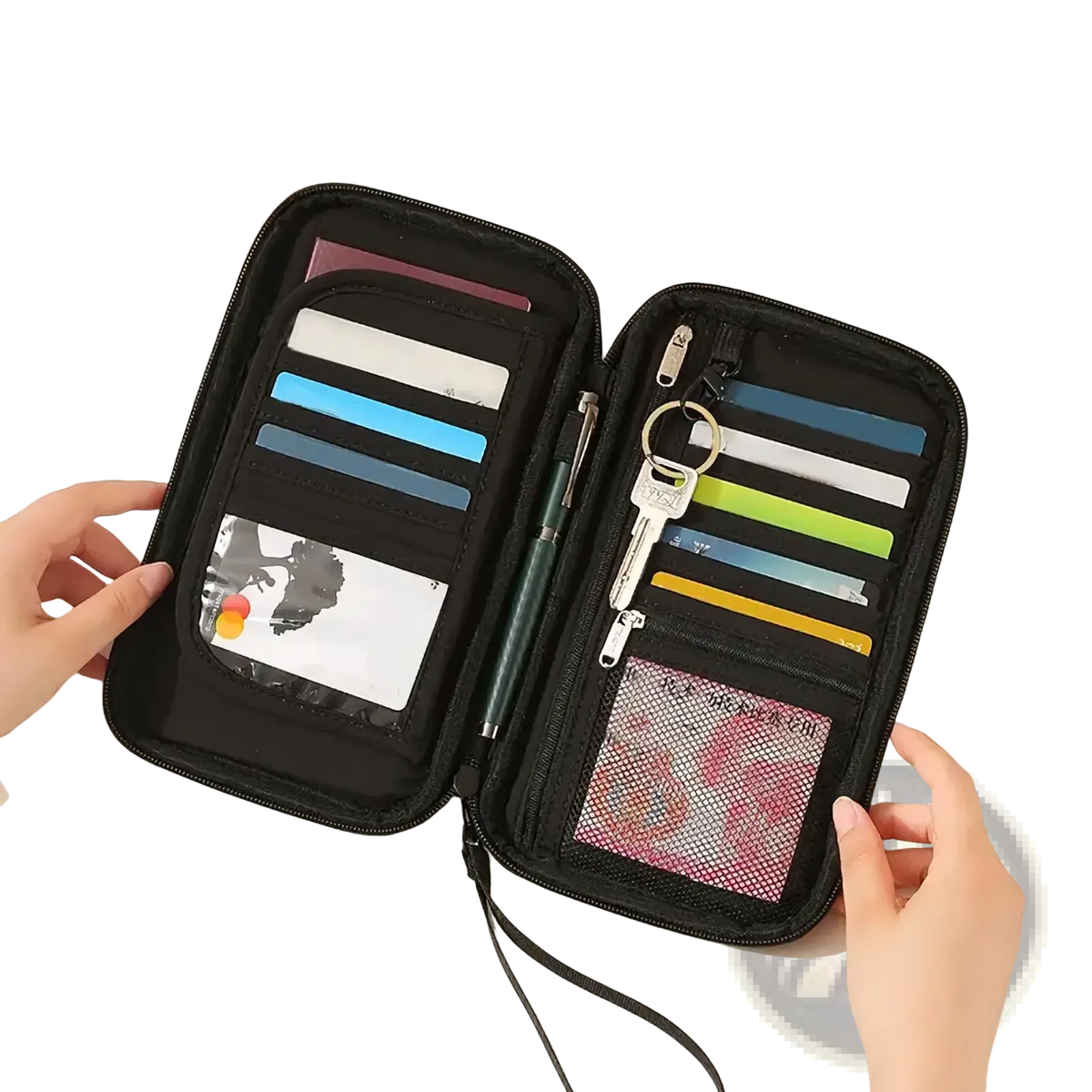 Black zippered travel document organizer with multiple card slots key ring compartment and transparent id window