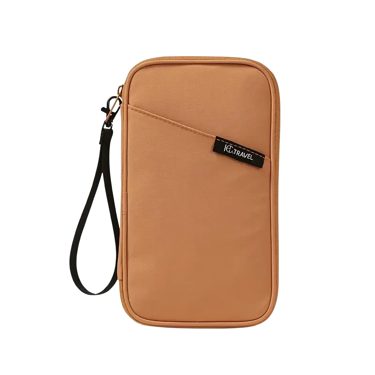 Tan fabric travel document organizer with black wrist strap and k2travel label for family passport holding