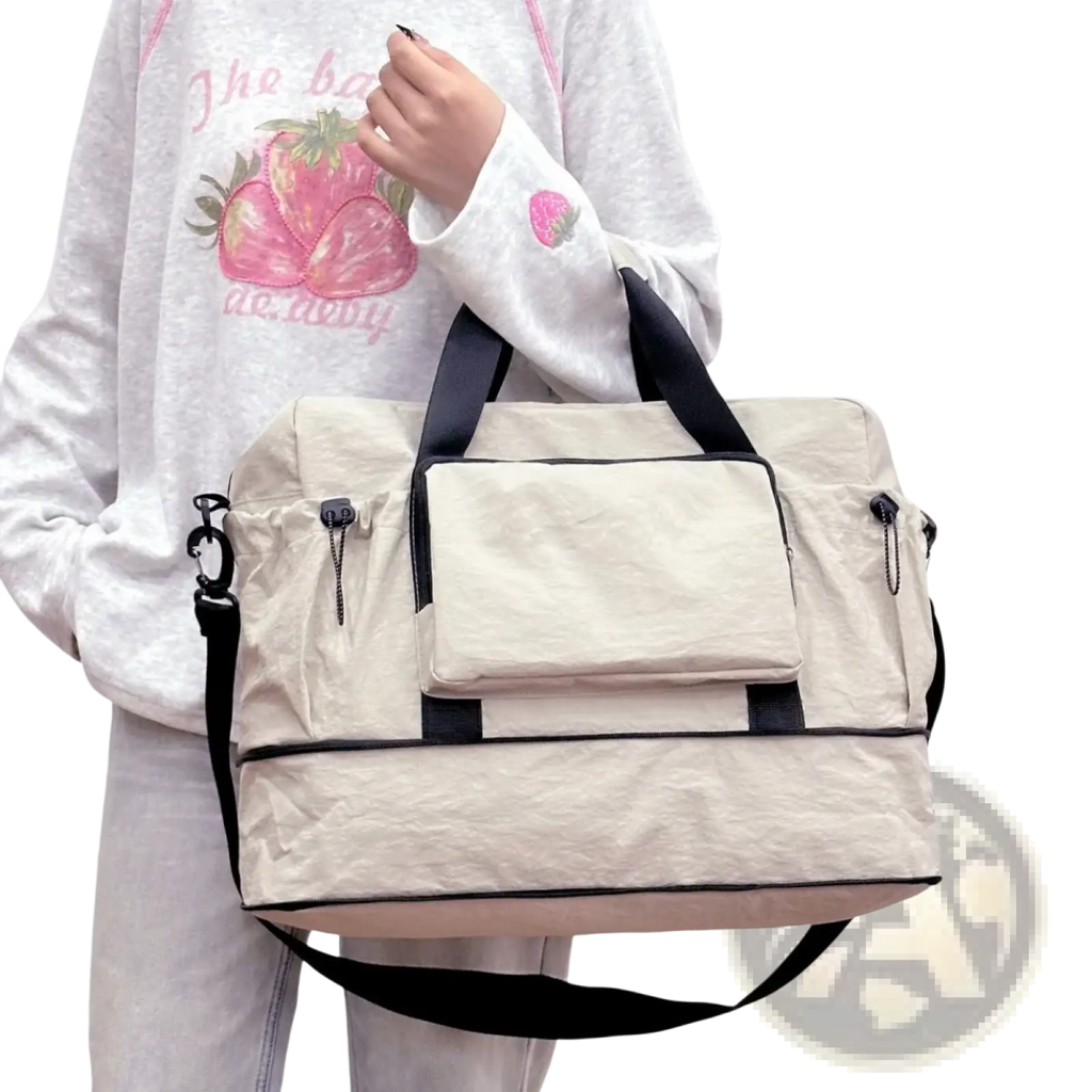 Beige and black travel duffel bag expandable lightweight luggage with front zippered pocket and adjustable shoulder strap